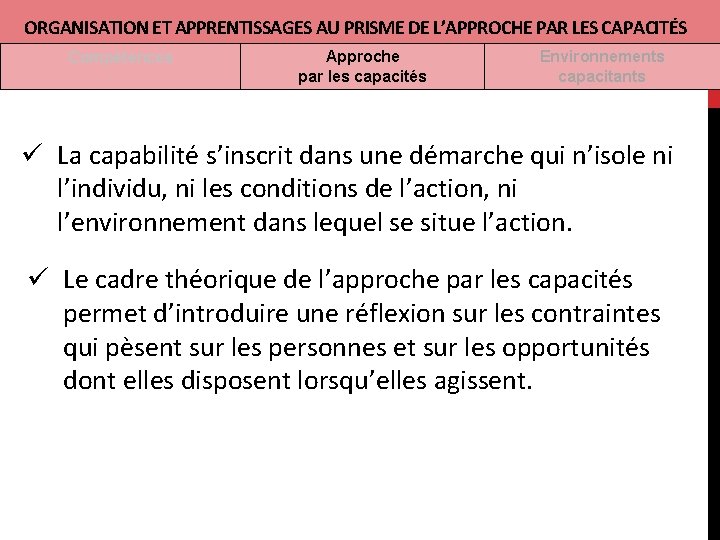 ORGANISATION ET APPRENTISSAGES AU PRISME DE L’APPROCHE PAR LES CAPACITÉS Compétences Approche par les