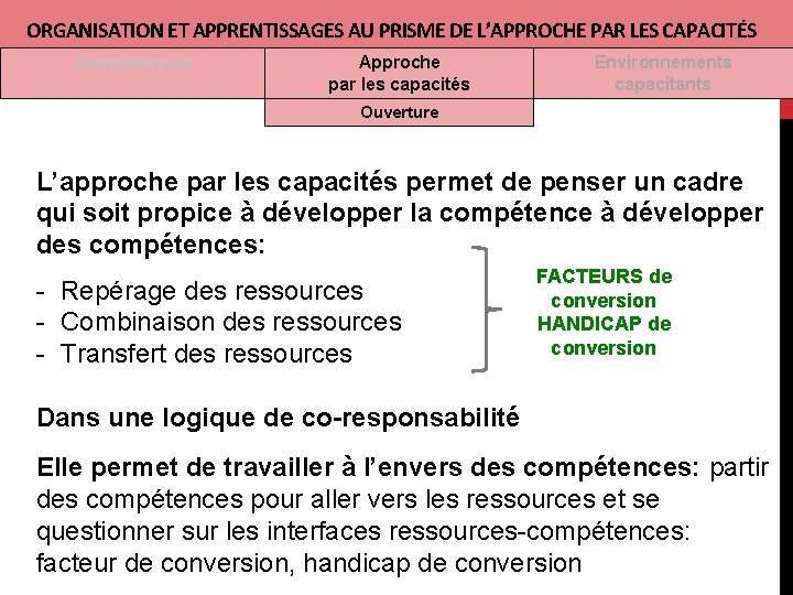 ORGANISATION ET APPRENTISSAGES AU PRISME DE L’APPROCHE PAR LES CAPACITÉS Compétences Approche par les