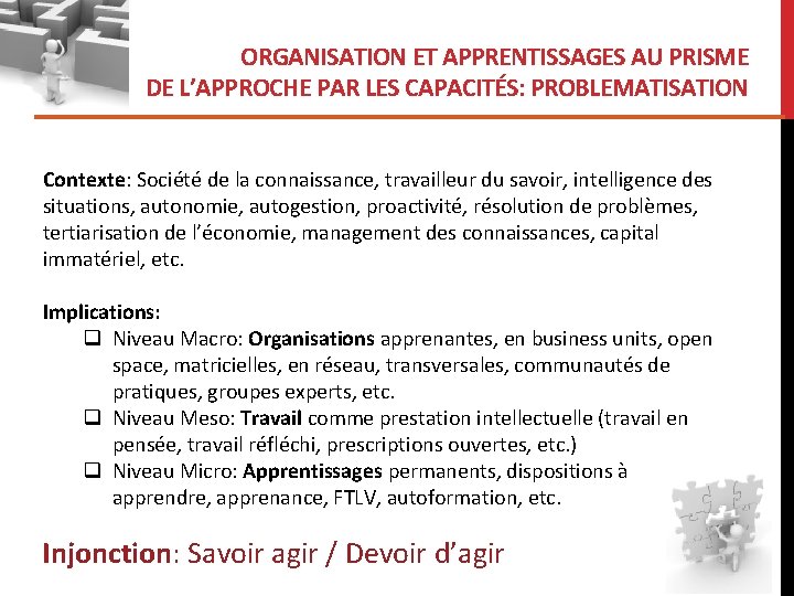ORGANISATION ET APPRENTISSAGES AU PRISME DE L’APPROCHE PAR LES CAPACITÉS: PROBLEMATISATION Contexte: Société de
