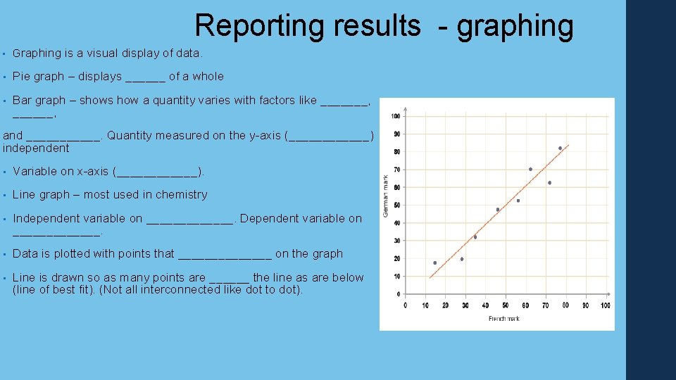 Reporting results - graphing • Graphing is a visual display of data. • Pie