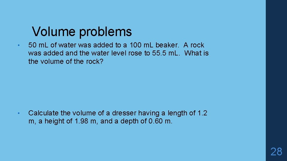 Volume problems • 50 m. L of water was added to a 100 m.