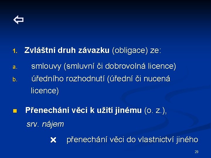  1. Zvláštní druh závazku (obligace) ze: a. smlouvy (smluvní či dobrovolná licence) b.