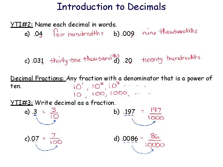 Introduction to Decimals YTI#2: Name each decimal in words. a). 04 b). 009 c).