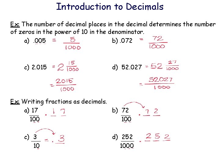 Introduction to Decimals Ex: The number of decimal places in the decimal determines the