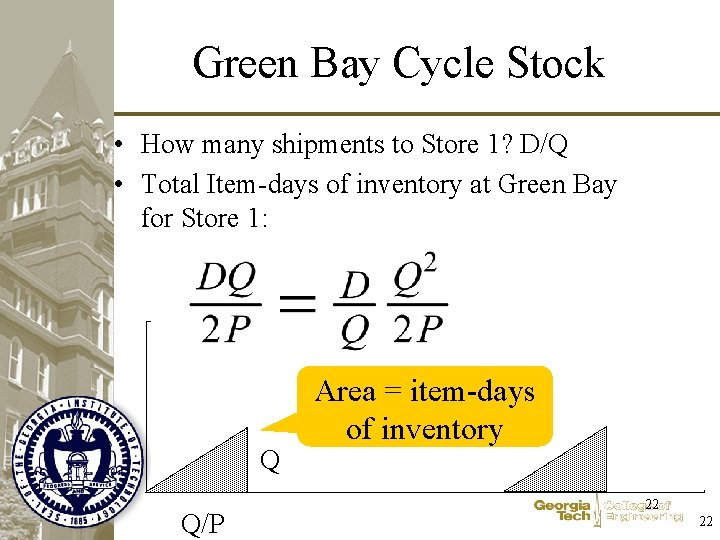 Green Bay Cycle Stock • How many shipments to Store 1? D/Q • Total Green Bay Cycle Stock • How many shipments to Store 1? D/Q • Total