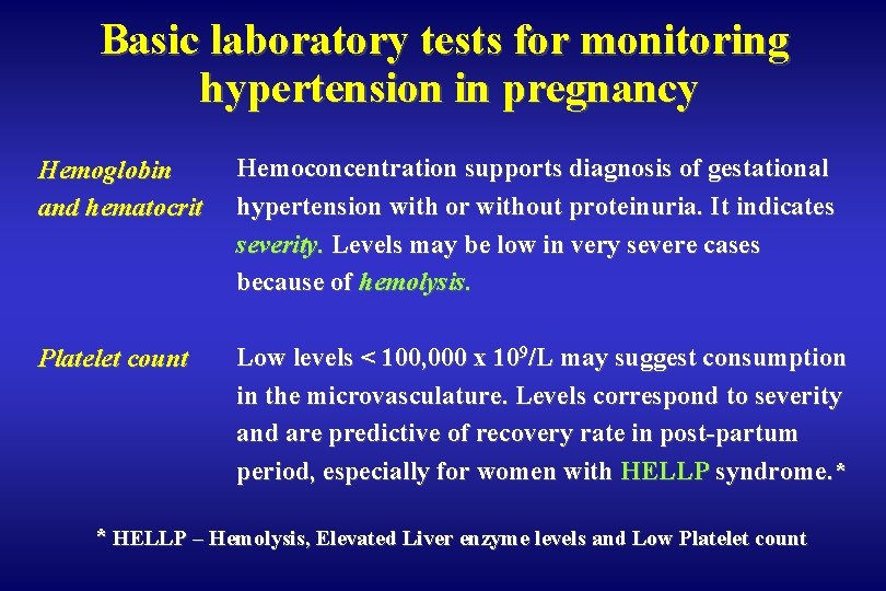 Basic laboratory tests for monitoring hypertension in pregnancy Hemoglobin and hematocrit Hemoconcentration supports diagnosis