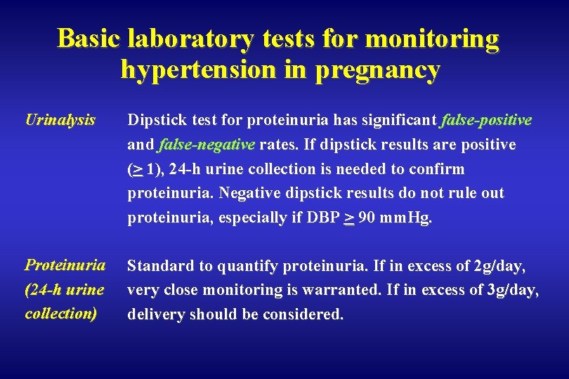 Basic laboratory tests for monitoring hypertension in pregnancy Urinalysis Dipstick test for proteinuria has