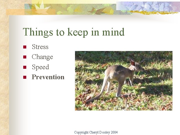 Things to keep in mind n n Stress Change Speed Prevention Copyright Cheryl Dooley