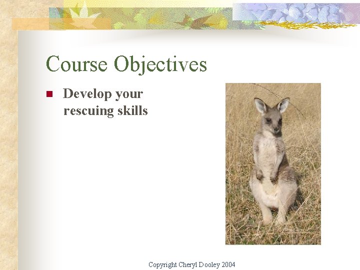 Course Objectives n Develop your rescuing skills Copyright Cheryl Dooley 2004 