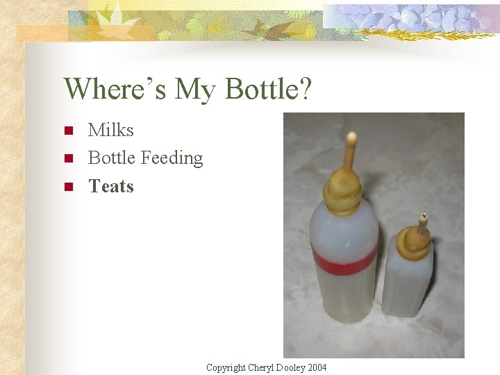 Where’s My Bottle? n n n Milks Bottle Feeding Teats Copyright Cheryl Dooley 2004