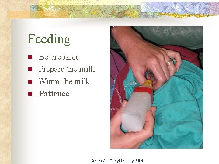 Feeding n n Be prepared Prepare the milk Warm the milk Patience Copyright Cheryl