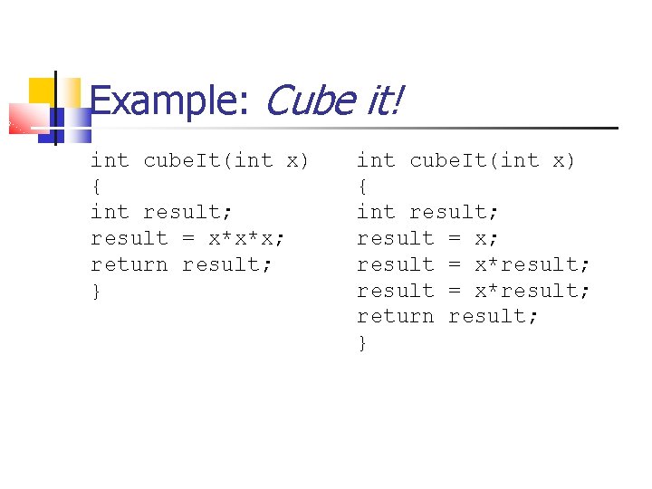 Example: Cube it! int cube. It(int x) { int result; result = x*x*x; return