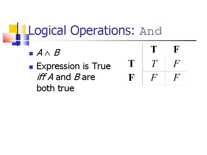 Logical Operations: And A B Expression is True iff A and B are both