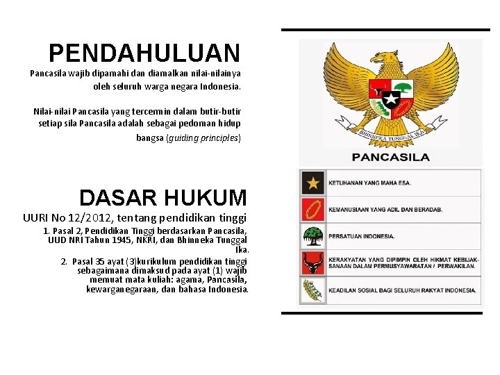 PENDAHULUAN Pancasila wajib dipamahi dan diamalkan nilai-nilainya oleh seluruh warga negara Indonesia. Nilai-nilai Pancasila