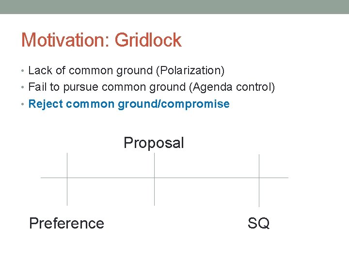 Motivation: Gridlock • Lack of common ground (Polarization) • Fail to pursue common ground