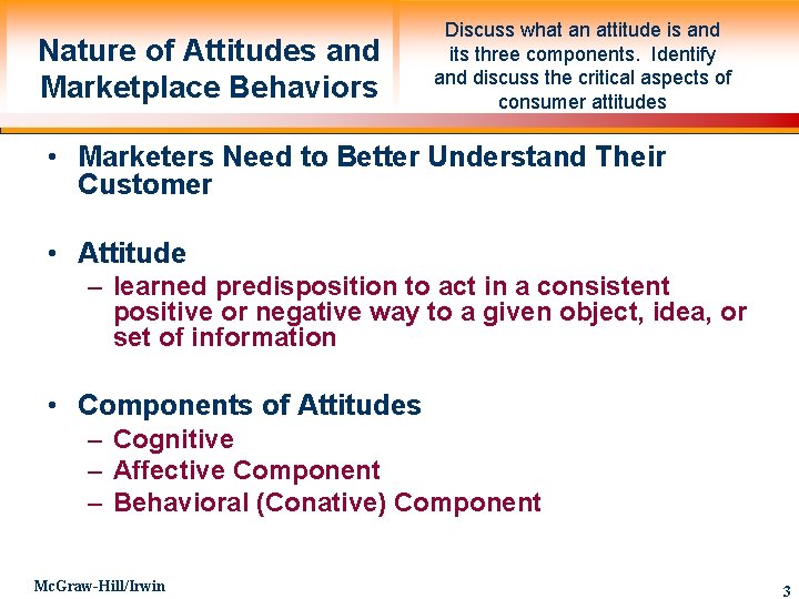 Nature of Attitudes and Marketplace Behaviors Discuss what an attitude is and its three