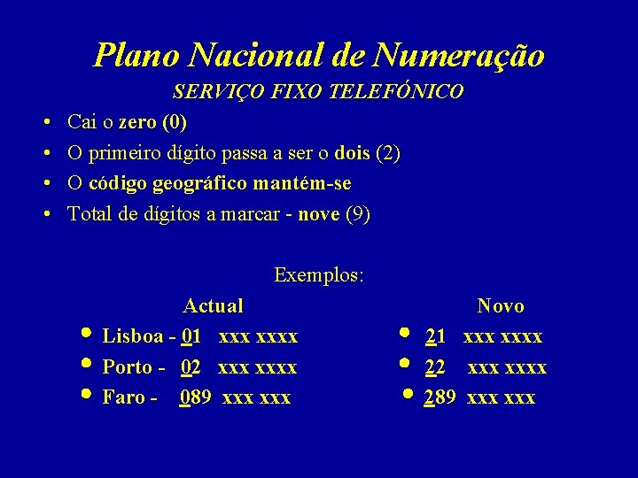 Plano Nacional de Numeração • • SERVIÇO FIXO TELEFÓNICO Cai o zero (0) O