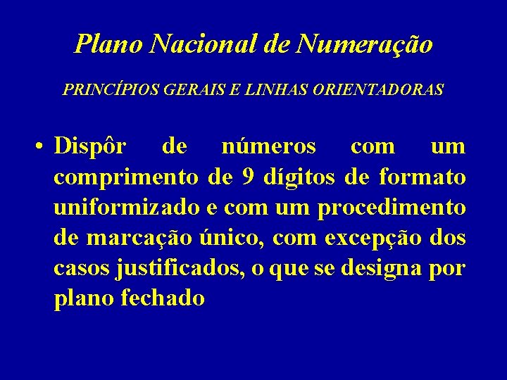 Plano Nacional de Numeração PRINCÍPIOS GERAIS E LINHAS ORIENTADORAS • Dispôr de números com