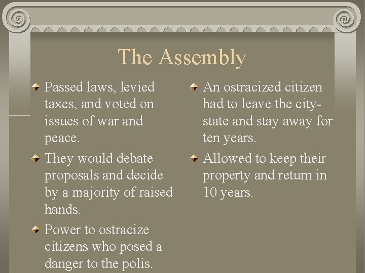 The Assembly Passed laws, levied taxes, and voted on issues of war and peace.