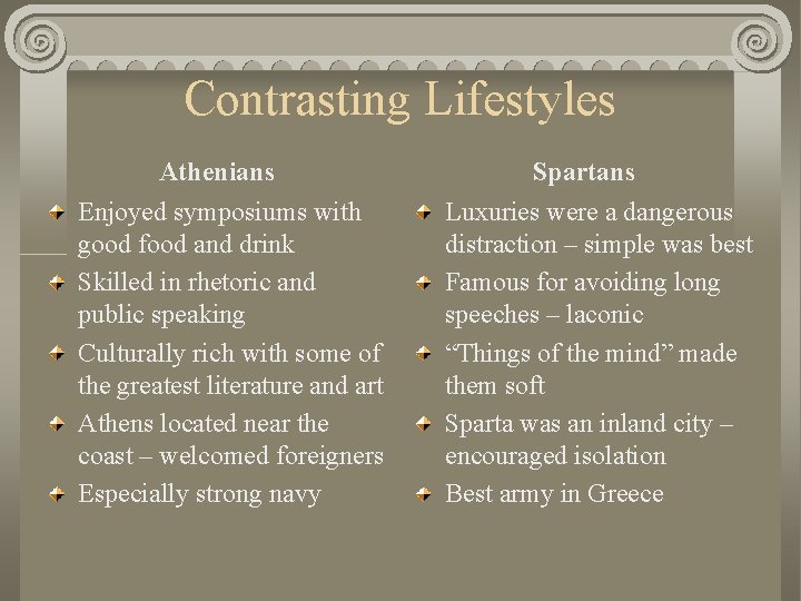 Contrasting Lifestyles Athenians Enjoyed symposiums with good food and drink Skilled in rhetoric and