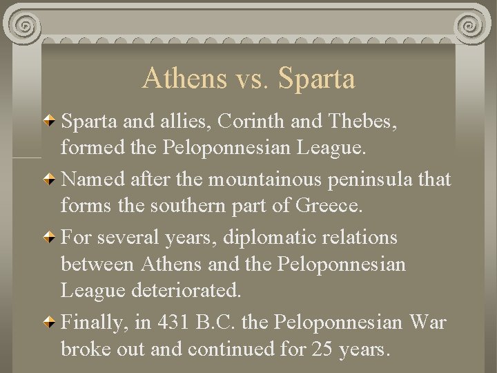 Athens vs. Sparta and allies, Corinth and Thebes, formed the Peloponnesian League. Named after