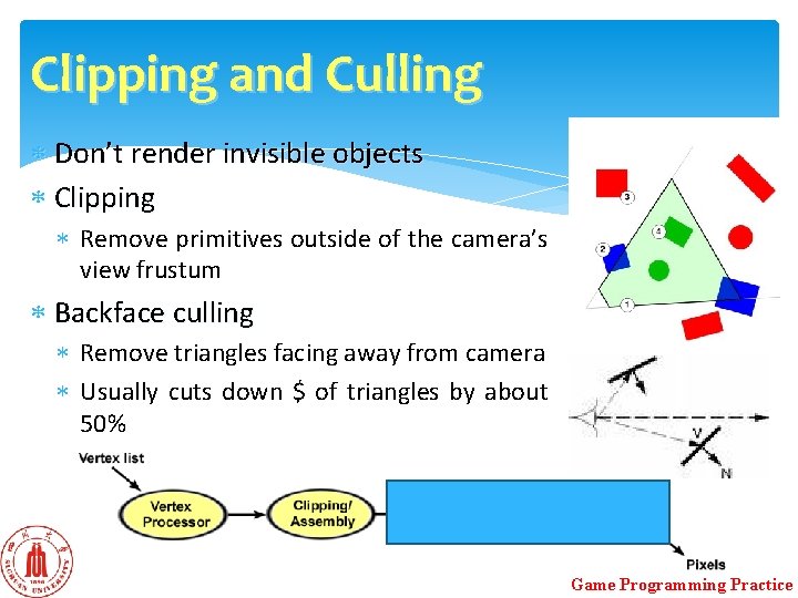 Clipping and Culling Don’t render invisible objects Clipping Remove primitives outside of the camera’s Clipping and Culling Don’t render invisible objects Clipping Remove primitives outside of the camera’s