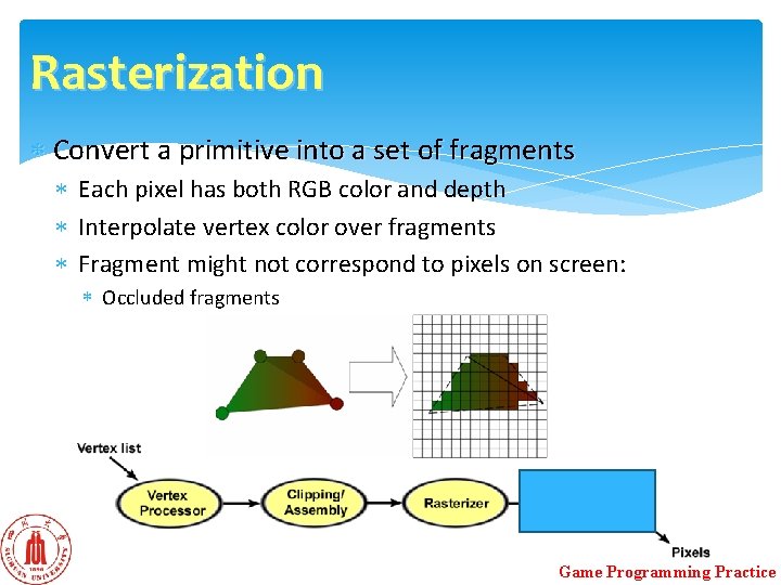 Rasterization Convert a primitive into a set of fragments Each pixel has both RGB Rasterization Convert a primitive into a set of fragments Each pixel has both RGB