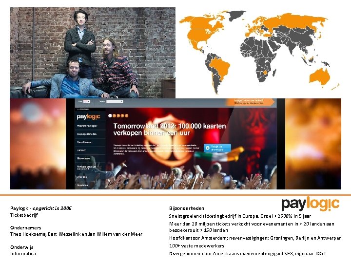 Paylogic - opgericht in 2006 Ticketbedrijf Ondernemers Theo Hoeksema, Bart Wesselink en Jan Willem