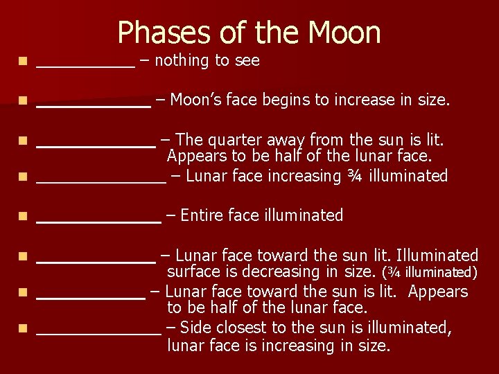 Phases of the Moon n – nothing to see n – Moon’s face begins