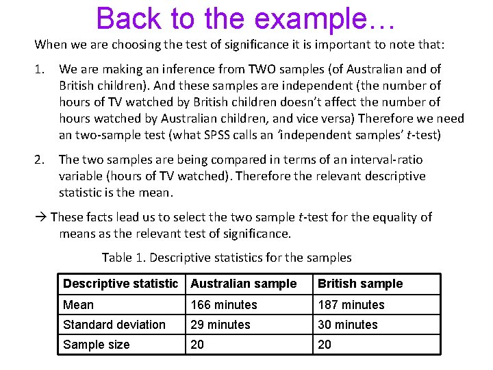 Back to the example… When we are choosing the test of significance it is