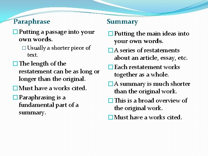 Paraphrase Summary �Putting a passage into your own words. �Putting the main ideas into