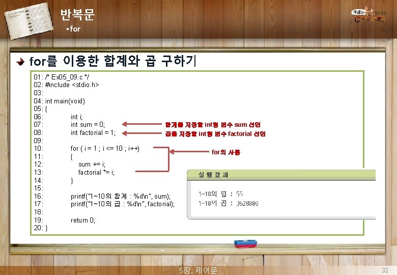 반복문 §for for를 이용한 합계와 곱 구하기 01: /* Ex 05_09. c */ 02: