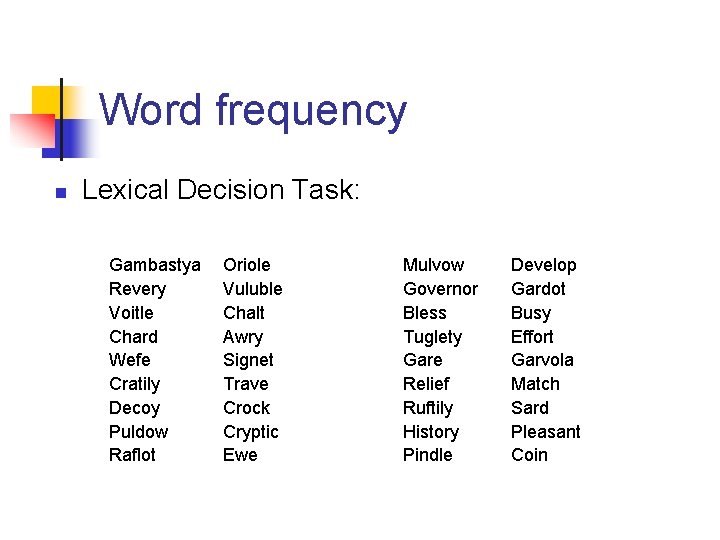 Word frequency n Lexical Decision Task: Gambastya Revery Voitle Chard Wefe Cratily Decoy Puldow