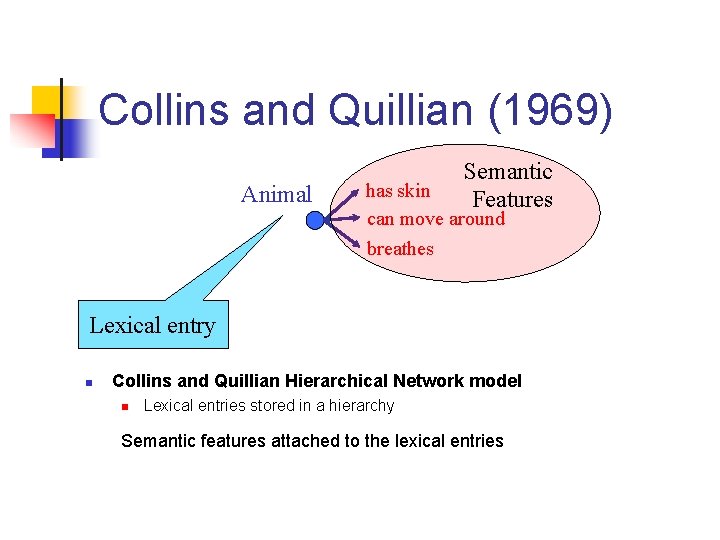 Collins and Quillian (1969) Animal Semantic Features has skin can move around breathes Lexical