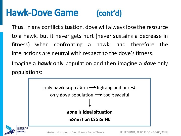 Hawk-Dove Game (cont’d) Thus, in any conflict situation, dove will always lose the resource