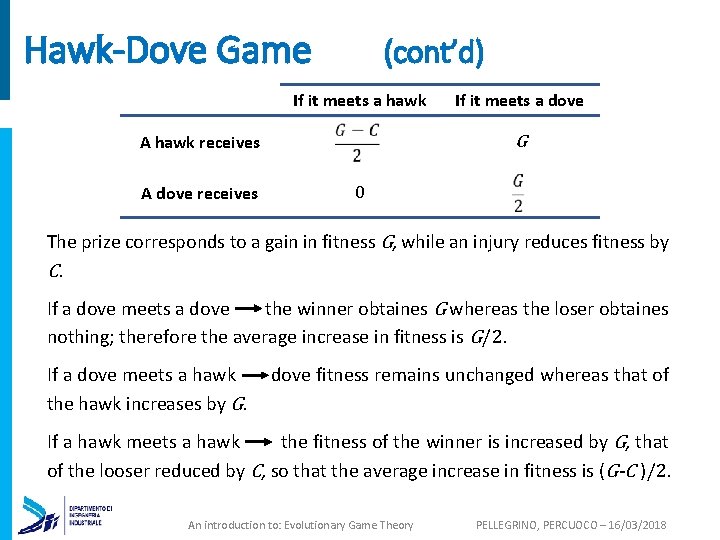 Hawk-Dove Game (cont’d) If it meets a hawk A hawk receives A dove receives
