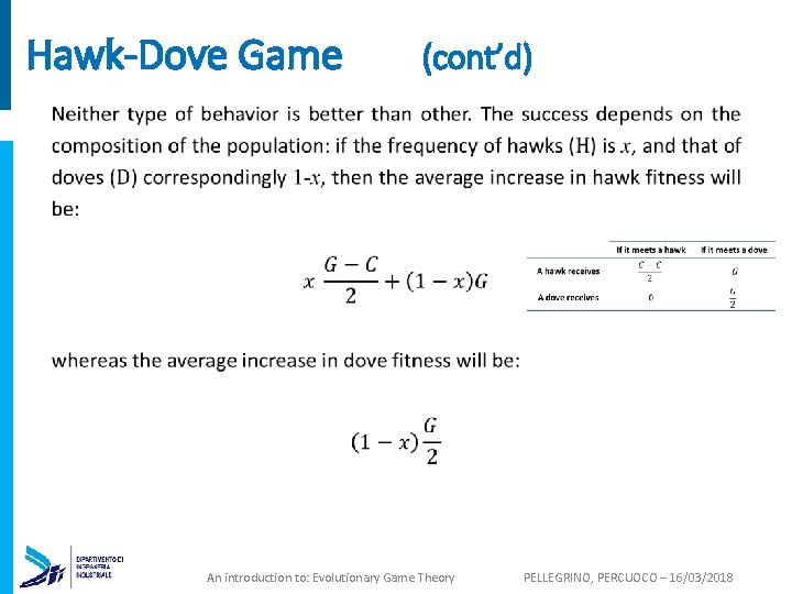 Hawk-Dove Game (cont’d) An introduction to: Evolutionary Game Theory PELLEGRINO, PERCUOCO – 16/03/2018 