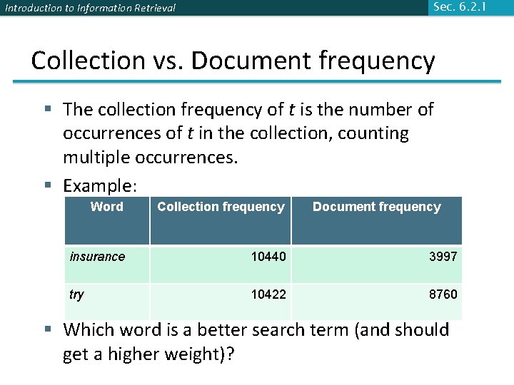 Sec. 6. 2. 1 Introduction to Information Retrieval Collection vs. Document frequency § The