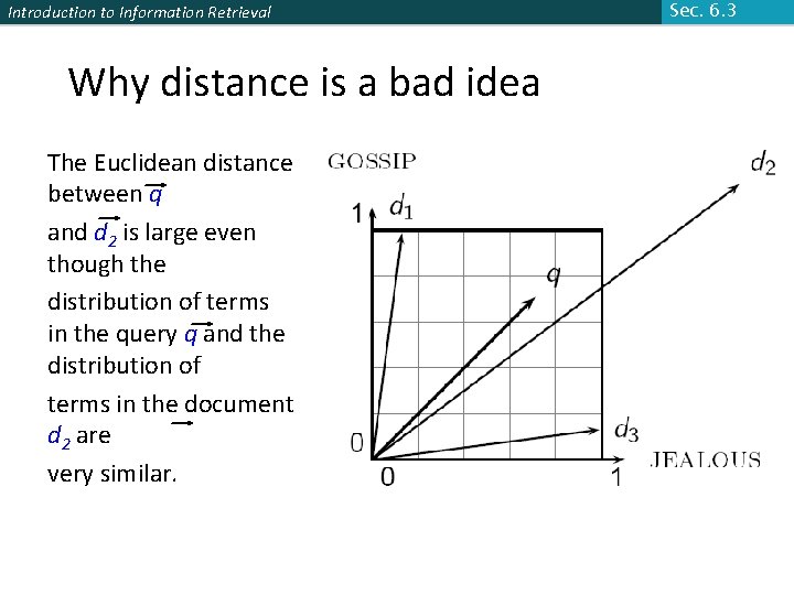 Introduction to Information Retrieval Why distance is a bad idea The Euclidean distance between