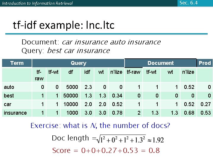 Sec. 6. 4 Introduction to Information Retrieval tf-idf example: lnc. ltc Document: car insurance