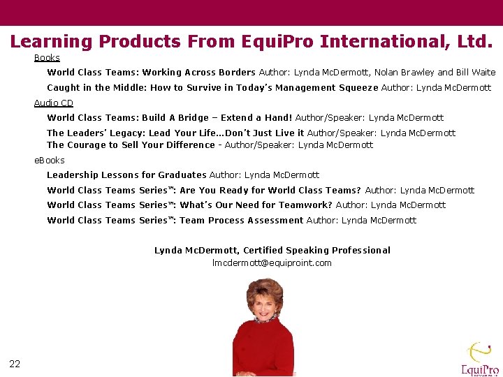 Learning Products From Equi. Pro International, Ltd. Books World Class Teams: Working Across Borders