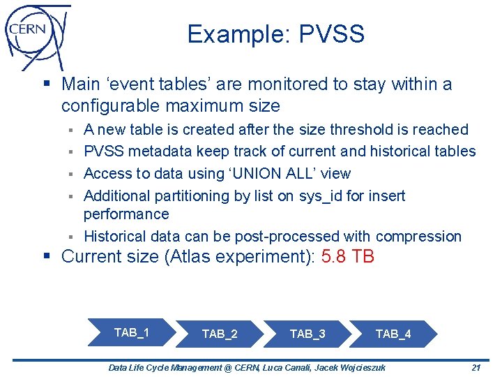 Example: PVSS § Main ‘event tables’ are monitored to stay within a configurable maximum Example: PVSS § Main ‘event tables’ are monitored to stay within a configurable maximum
