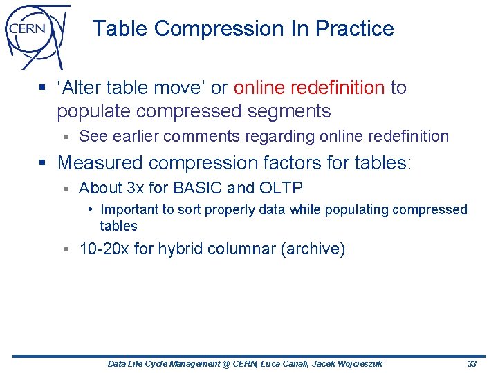 Table Compression In Practice § ‘Alter table move’ or online redefinition to populate compressed Table Compression In Practice § ‘Alter table move’ or online redefinition to populate compressed