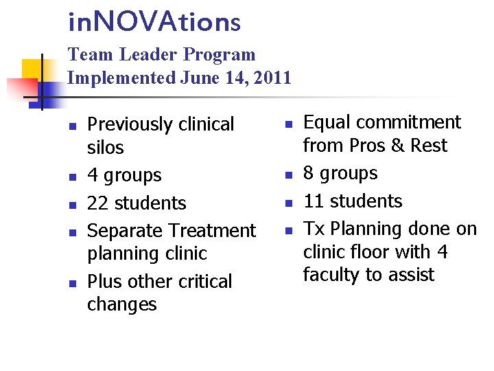 in. NOVAtions Team Leader Program Implemented June 14, 2011 n n n Previously clinical