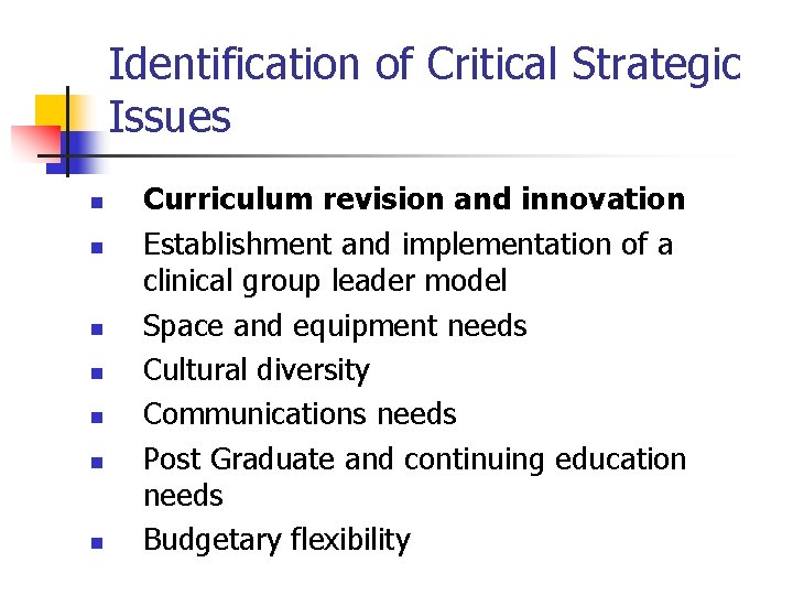 Identification of Critical Strategic Issues n n n n Curriculum revision and innovation Establishment Identification of Critical Strategic Issues n n n n Curriculum revision and innovation Establishment