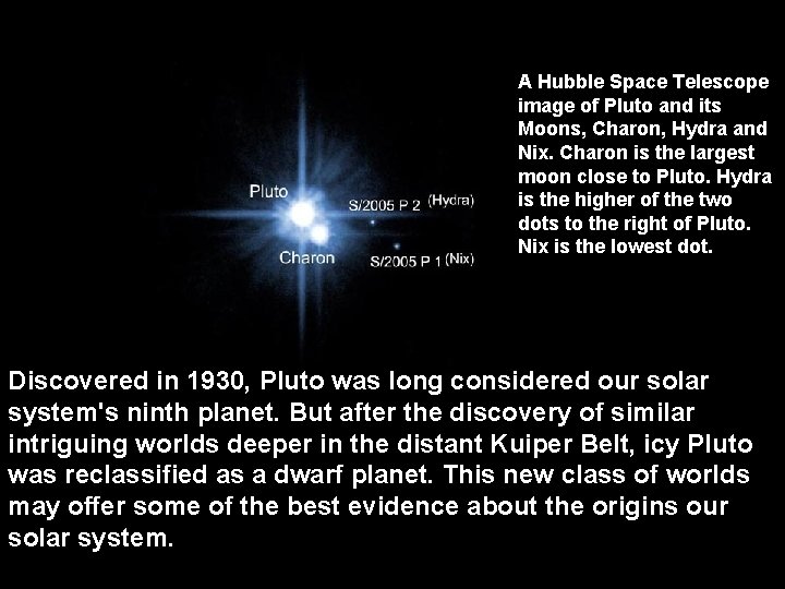 A Hubble Space Telescope image of Pluto and its Moons, Charon, Hydra and Nix.