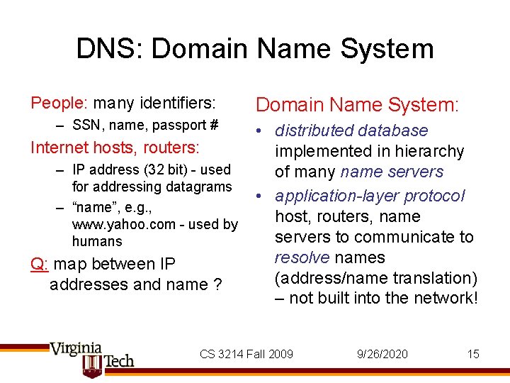 DNS: Domain Name System People: many identifiers: – SSN, name, passport # Internet hosts, DNS: Domain Name System People: many identifiers: – SSN, name, passport # Internet hosts,