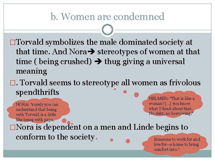 b. Women are condemned �Torvald symbolizes the male dominated society at that time. And