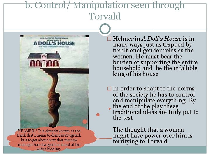 b. Control/ Manipulation seen through Torvald � Helmer in A Doll's House is in