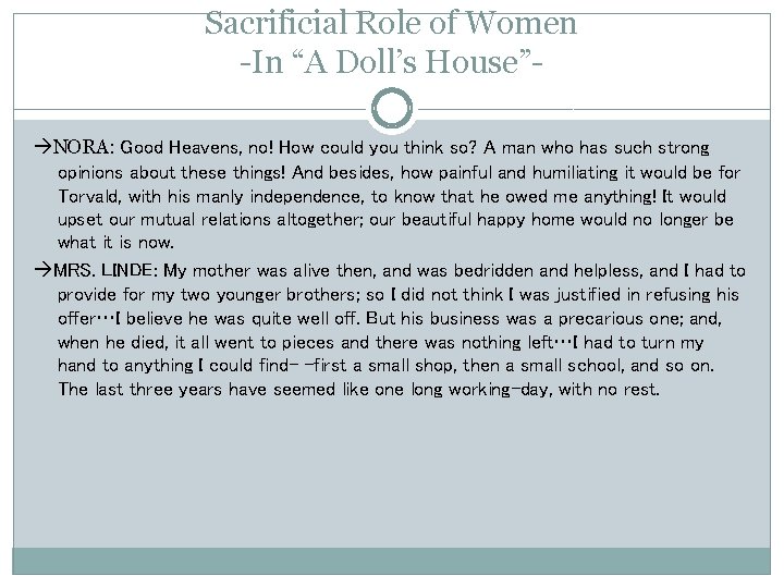 Sacrificial Role of Women -In “A Doll’s House” NORA: Good Heavens, no! How could